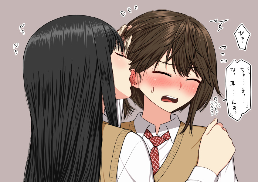 2girls absurdres black_hair blush brown_hair closed_eyes ear_sex flying_sweatdrops grey_background hand_in_another's_hair hand_on_another's_shoulder highres licking licking_ear long_hair multiple_girls necktie open_mouth original ryuusa school_uniform short_hair sweater_vest tongue tongue_out upper_body yuri