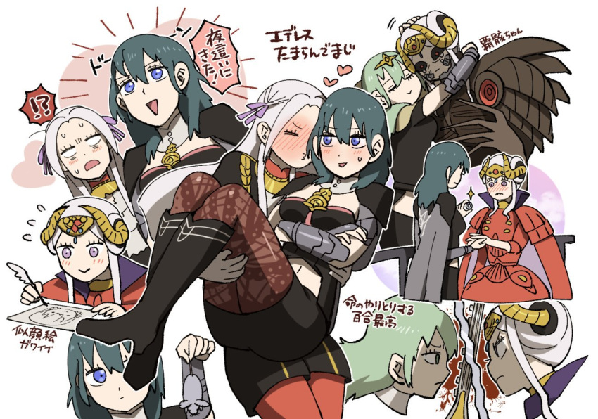 2girls aged_up blue_eyes blush boots breasts byleth_(female)_(fire_emblem) byleth_(fire_emblem) cape carrying chibi clash commentary couple crossed_arms drawing duel edelgard_von_hresvelg edelgard_von_hresvelg_(hegemon_husk) embarrassed fire_emblem fire_emblem:_three_houses full-face_blush garreg_mach_monastery_uniform gloves grey_hair hair_ornament hair_ribbon holding horns hug jewelry knee_boots korokoro_daigorou long_hair marriage_proposal monster mouse_(animal) multiple_girls navel o3o pantyhose princess_carry red_pantyhose ribbon ring shorts simple_background smile spoilers sword sword_of_the_creator tears translated uniform weapon yuri