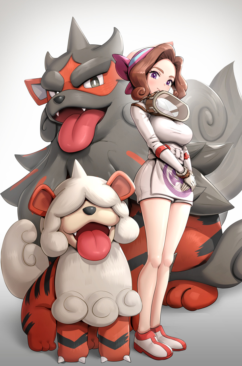 absurdres bandana breasts brown_hair closed_mouth commentary_request evolutionary_line eyelashes female gloves gonzarez highres hisuian_arcanine hisuian_growlithe knees large_breasts long_legs looking_at_viewer own_hands_together palina_(pokemon) pink_bandana pokemon pokemon_(creature) pokemon_legends:_arceus purple_eyes shoes shorts simple_background smile standing white_background white_gloves white_shorts