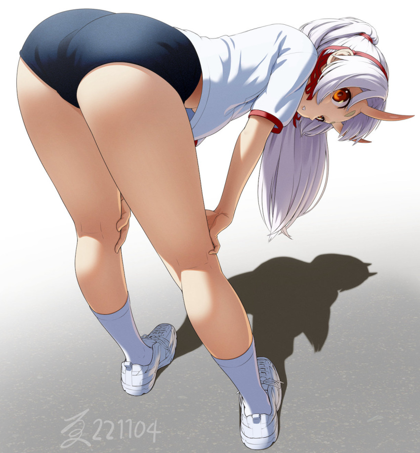 ass bent_over black_buruma blue_buruma breast_pocket breasts buruma dai_tokyo_oniyome-den dated female from_above from_behind gym_uniform hair_between_eyes hair_ribbon hands_on_own_knees harayukisodati highres horns kneepits leaning_forward long_hair looking_at_viewer looking_back loose_clothes loose_shirt manaka_douji oni orange_eyes pocket ponytail red_ribbon ribbon shirt shirt_overhang shoes sidelocks signature skin-covered_horns sneakers socks solo standing stretching t-shirt underboob white_footwear white_shirt white_socks