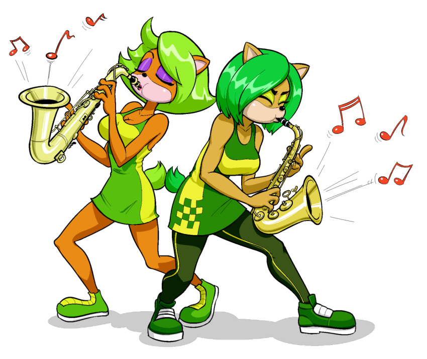 activision alpha_channel ami_bandicoot anthro bandicoot closed_eyes crash_(series) duo eyeshadow female green_eyes makeup mammal mario-grant marsupial musical_instrument saxophone simple_background square_crossover transparent_background video_games wind_instrument woodwind_instrument