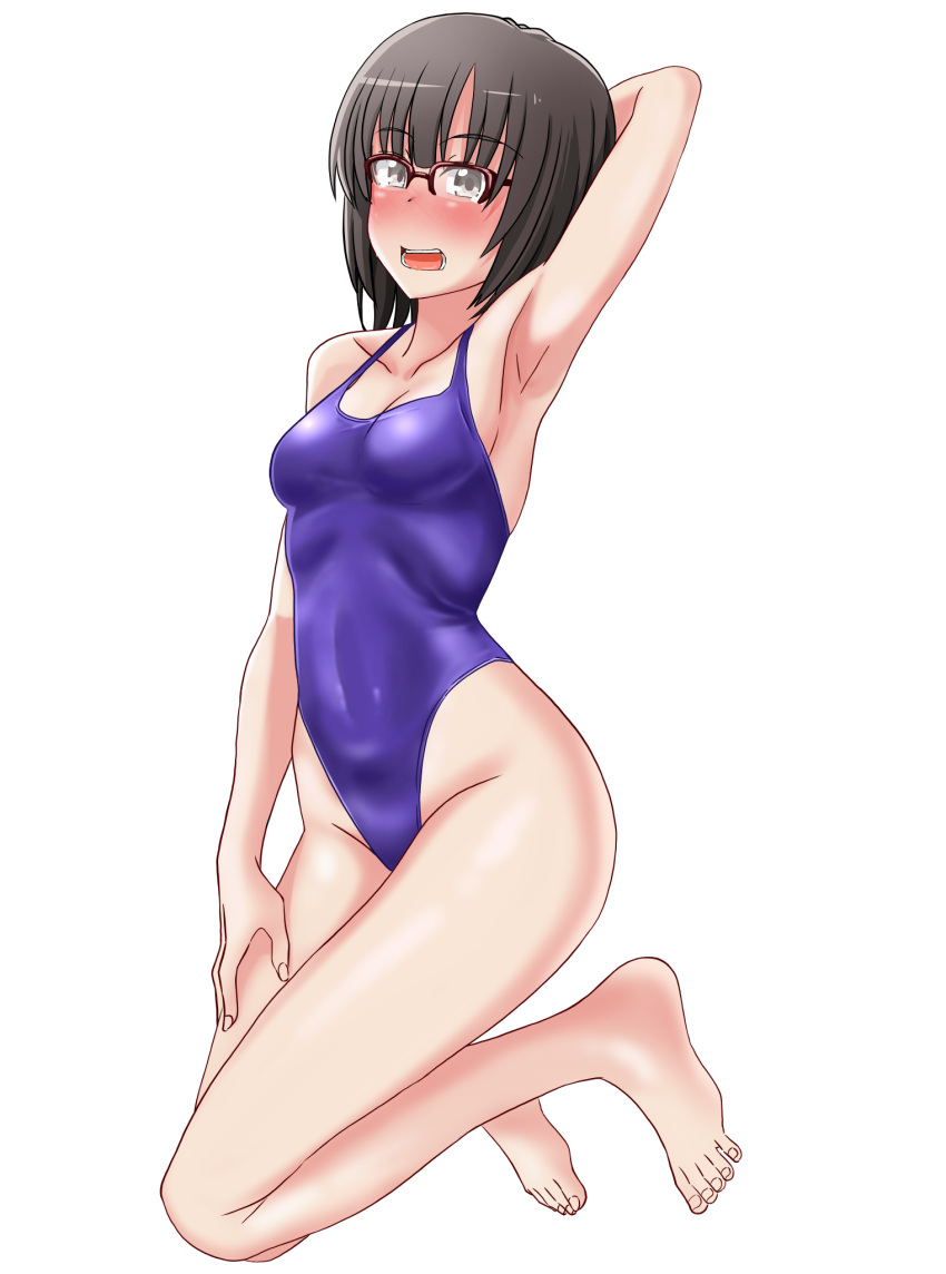 barefoot black_eyes blue_one-piece_swimsuit breasts brown_eyes chiyoberiba commentary_request ebina_hina female full_body glasses highleg highleg_swimsuit highres looking_at_viewer one-piece_swimsuit short_hair simple_background small_breasts solo swimsuit white_background yahari_ore_no_seishun_lovecome_wa_machigatteiru.