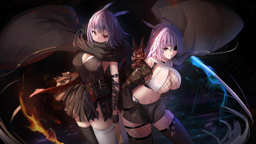 2girls asymmetrical_legwear azur_lane black_dress black_gloves black_legwear black_scarf black_skirt blue_fire breasts center_opening cleavage cowboy_shot criss-cross_halter dress eyepatch fingerless_gloves fire fishnet_thighhighs fishnet_top fishnets flaming_sword flaming_weapon from_above gloves halterneck highres hiyou_(azur_lane) hiyou_(meta)_(azur_lane) holding holding_sword holding_weapon junyou_(azur_lane) junyou_(meta)_(azur_lane) large_breasts long_hair looking_at_viewer manda_(manda9n) midriff miniskirt mismatched_legwear multiple_girls one_eye_covered oni pink_hair scarf short_dress skirt standing sword thighhighs torn_clothes torn_dress weapon white_thighhighs yellow_eyes zettai_ryouiki