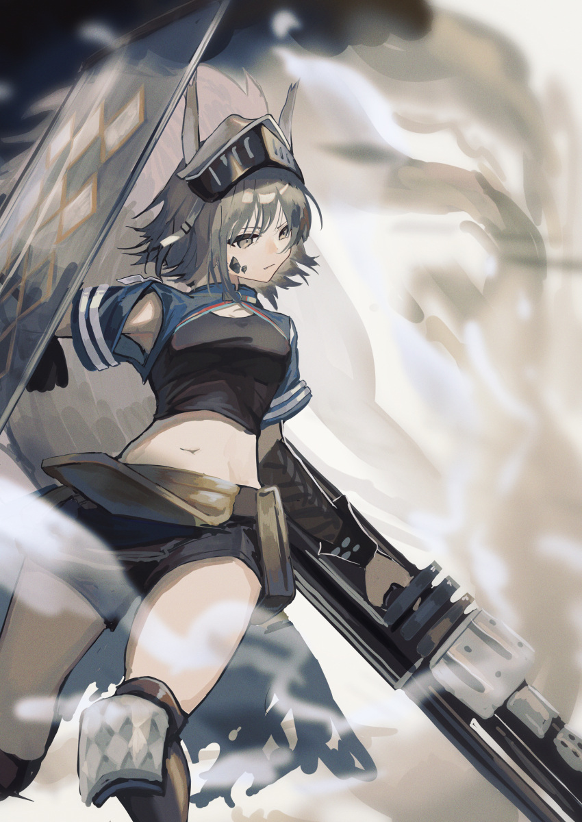 absurdres animal_ears arknights armpit_cutout armpits ashlock_(arknights) ashlock_(elite_ii)_(arknights) black_shirt black_shorts black_thighhighs breasts brown_eyes brown_hair clothing_cutout female highres holding holding_shield holding_weapon knee_pads looking_away looking_to_the_side material_growth medium_breasts midriff natsuba002 navel oripathy_lesion_(arknights) parted_lips shield shirt short_hair short_shorts short_sleeves shorts shrug_(clothing) smoke solo squirrel_ears squirrel_girl squirrel_tail standing tail thighhighs v-shaped_eyebrows visor_(armor) weapon