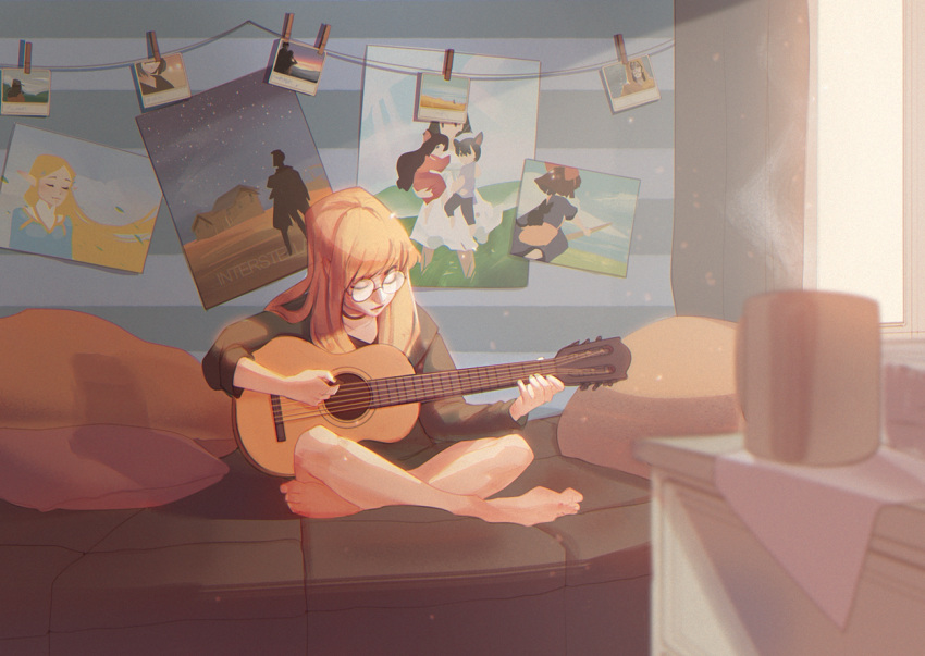 ame_(ookami_kodomo) ave_droid barefoot blonde_hair bottomless character_request choker closed_eyes closed_mouth collarbone commentary copyright_name cup curtains english_commentary female from_side full_body glasses guitar hana_(ookami_kodomo) holding holding_instrument indoors instrument interstellar_(movie) jiji_(majo_no_takkyuubin) joseph_cooper kiki_(majo_no_takkyuubin) lips long_hair long_sleeves majo_no_takkyuubin music ookami_kodomo_no_ame_to_yuki original photo_(object) pillow playing_instrument poster_(object) princess_zelda round_eyewear shirt sitting smile solo sunlight the_legend_of_zelda the_legend_of_zelda:_breath_of_the_wild window yuki_(ookami_kodomo)