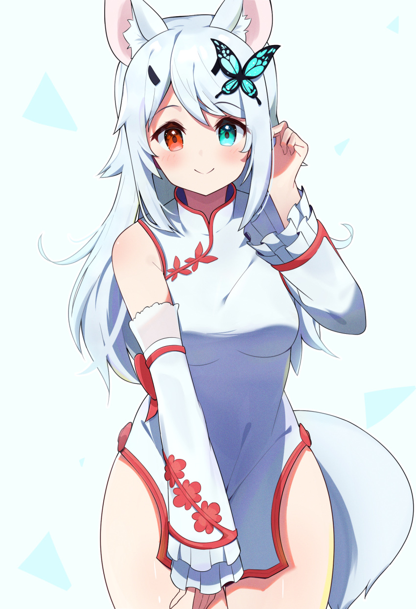 animal_ears bad_id bad_pixiv_id blue_eyes blush borrowed_character breasts butterfly_hair_ornament closed_mouth commission detached_sleeves female fox_ears fox_girl fox_tail hair_ornament hairclip heterochromia highres long_hair medium_breasts merlysca original phantasy_star phantasy_star_online red_eyes sidelocks smile solo tail takom very_long_hair white_hair