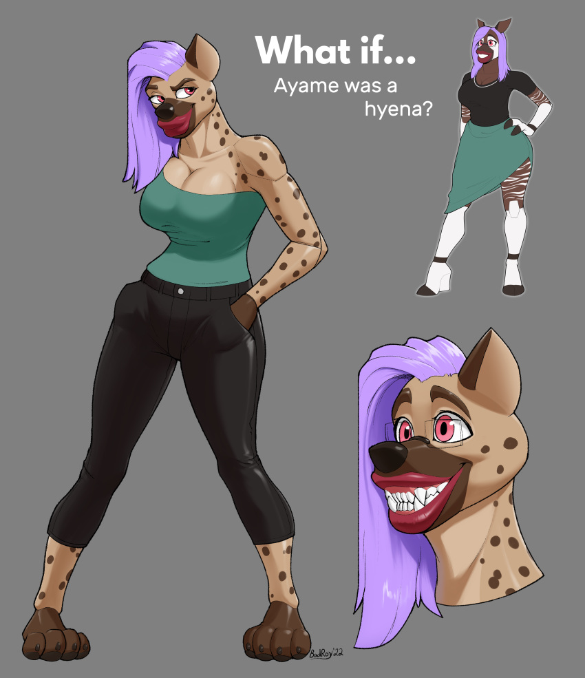 absurd_res alternate_species anthro ayame_(character) badroy big_breasts bimbo_lip breasts clothing eyewear female giraffid glasses hair hi_res huge_breasts hyena lips machine mammal okapi purple_hair robot smile solo synthetic thick_lips tight_clothing