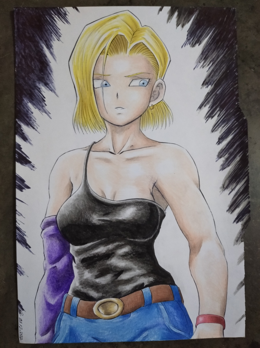 1girls akira_toriyama_(style) android android_18 android_girl armpits arms aura belt big_breasts black_background black_topwear blonde blonde_female blonde_hair blue_eyes breasts clavicle clothed clothes cyborg dragon_ball dragon_ball_super dragon_ball_z energy female fully_clothed human light long_sleeve manga medium_hair milf red_bracelet safe_for_work shoulders shueisha skin skirt toei_animation traditional_art traditional_media weekly_shonen_jump woman yamidanight