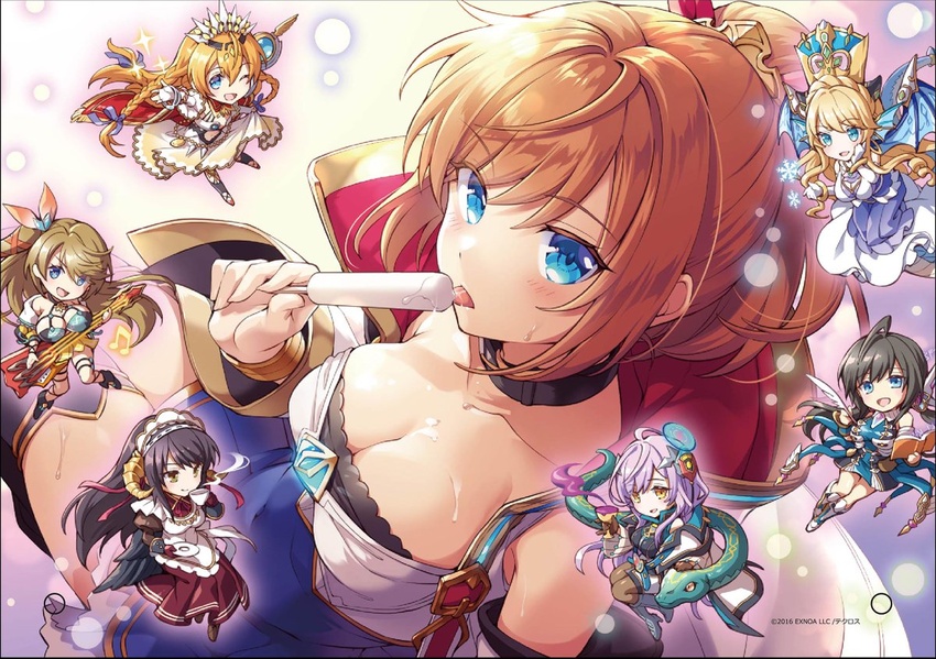 6+girls ahoge alisa_(kamihime_project) amon_(kamihime_project) apron artist_request asclepius_(kamihime_project) bat_wings black_collar black_hair black_wings blonde_hair blue_eyes blue_skirt blue_wings blush book boots bow bracelet braid breasts cape chibi cleavage clothing_cutout coat collar collarbone company_name copyright_notice covered_navel crown cup curly_hair cyclops_(kamihime_project) demon_horns detached_sleeves djehuti_(kamihime_project) dragon_tail dress drill_hair dripping eating electric_guitar feathered_wings food food_on_body food_on_breasts frills gloves gradient_background guitar hair_ornament hair_ribbon hairbow hand_on_own_cheek hand_on_own_face heavenly_ice_catastrophe holding holding_book holding_cup holding_food holding_popsicle holding_quill holding_saucer horns instrument jacket jewelry kamihime_project knee_boots large_breasts licking light_particles long_hair looking_at_viewer looking_to_the_side maid maid_apron maid_headdress melting midriff multiple_girls musical_note navel navel_cutout official_art one_eye_closed open_book orange_hair outstretched_arm pantyhose parted_lips playing_guitar pleated_skirt ponytail popsicle purple_hair quill reaching red_gloves ribbon saucer sideways_glance sitting skirt smile smoke snake snowflakes sol_(kamihime_project) sparkle sweat tail teacup thigh_strap thighhighs tongue tongue_out twin_braids undershirt white_gloves wings yellow_eyes