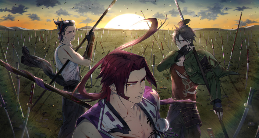 3boys absurdres cloud cloudy_sky commentary_request goggles goggles_on_head hand_on_own_face highres holding holding_polearm holding_weapon injury japanese_clothes jumpsuit katana looking_at_viewer male_focus multiple_boys nihongou nihongou_(touken_ranbu) onota_(fkdx2243) otegine outdoors plain planted planted_spear planted_sword polearm sky spear sun sun_glare sunrise sword tonbokiri tonbokiri_(touken_ranbu) torn_clothes touken_ranbu weapon wind yari