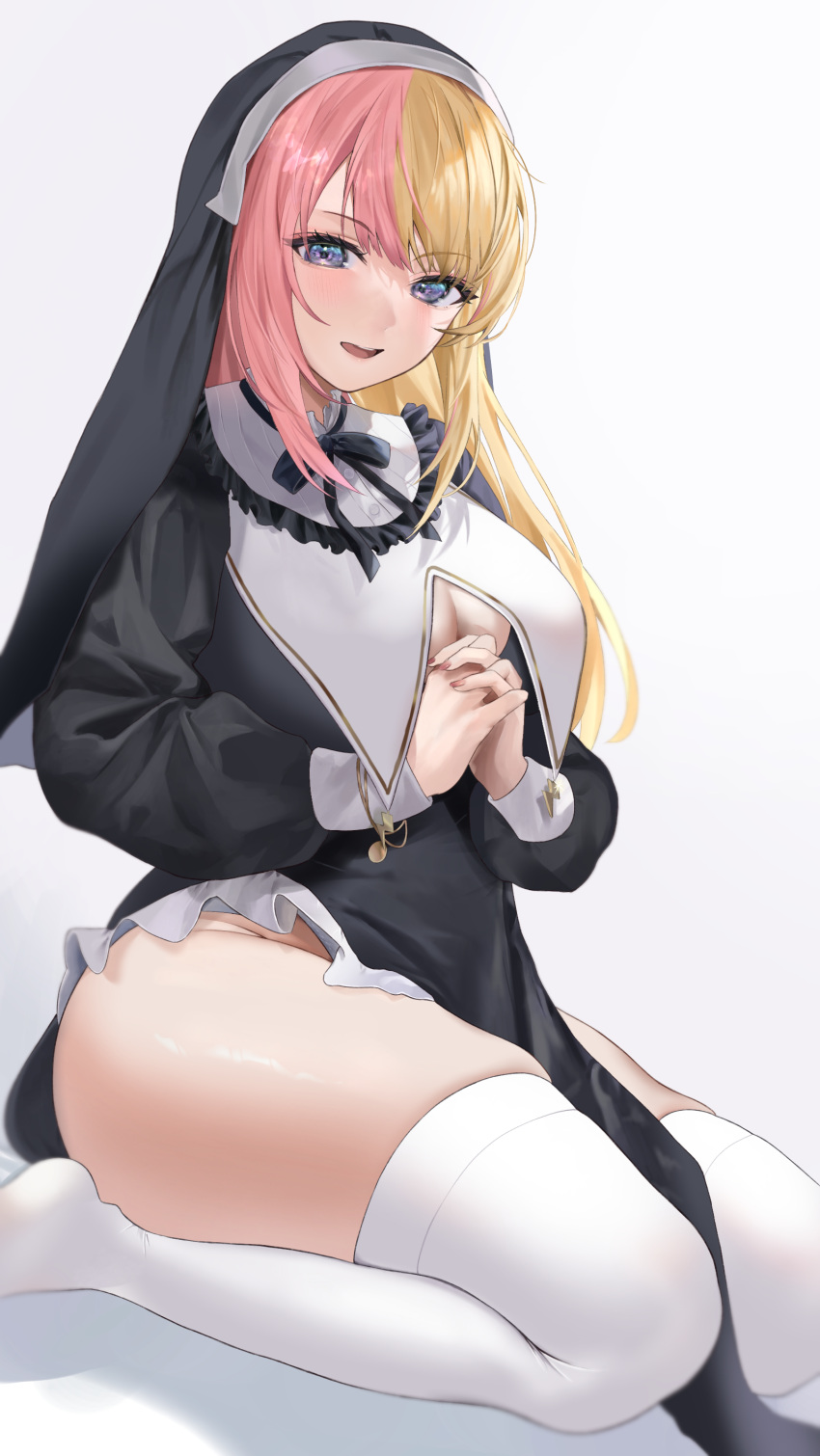 absurdres alternate_costume black_bow black_bowtie blonde_hair blue_eyes bow bowtie breasts cleavage cleavage_cutout clothing_cutout female habit highleg highleg_dress highres kotoka_torahime large_breasts long_hair long_sleeves looking_at_viewer multicolored_hair nijisanji nijisanji_en no_panties nun open_mouth pelvic_curtain pink_hair praying puffy_long_sleeves puffy_sleeves red_nails satchi_(sattytabunnhenn) simple_background sitting skindentation smile solo split-color_hair teeth thighhighs two-tone_hair upper_teeth_only virtual_youtuber wariza white_background white_thighhighs