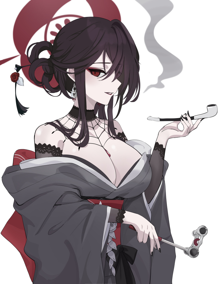 absurdres black_hair black_nails blue_archive breasts cleavage eyeshadow female fingernails goth_fashion grey_kimono hair_ornament hair_stick halo highres holding holding_smoking_pipe inapple japanese_clothes kimono kokuriko_(blue_archive) large_breasts lips long_hair long_sleeves makeup nail_polish obi open_mouth red_eyes red_eyeshadow red_halo sash simple_background smoking_pipe solo upper_body white_background wide_sleeves