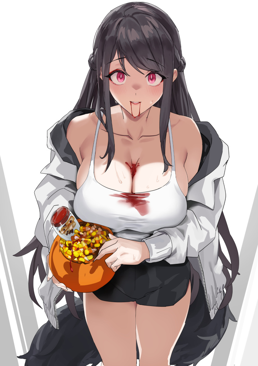 bare_shoulders black_hair blazingchaos bleeding blood blood_from_mouth blood_on_breasts blood_on_clothes blush breasts candy cleavage dated_commentary fake_blood female food halloween_bucket highres holding holding_food holding_pumpkin holding_vegetable jacket ketchup ketchup_bottle large_breasts looking_at_viewer open_clothes open_jacket original pumpkin red_eyes shirt short_shorts shorts simple_background smile solo vampire vegetable white_background white_jacket white_shirt