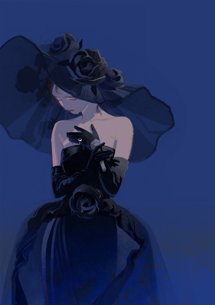 bare_shoulders black_dress black_flower black_gloves black_rose blue_background blue_dress blue_theme breasts brown_hair closed_mouth colored_eyelashes cowboy_shot crying dress elbow_gloves facing_down female flower gloves gown hand_on_own_chest hands_up hat hat_flower highres jewelry large_hat lipstick makeup nakamori_akina picture_hat real_life ring rose sad sainker simple_background small_breasts solo strapless strapless_dress