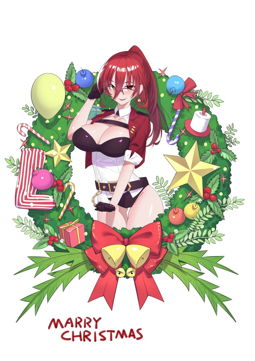 :d absurdres adjusting_eyewear alternate_costume alternate_hairstyle bell belt bow box breasts brown_buruma brown_gloves buruma candle candy candy_cane christmas cleavage collared_shirt english_commentary english_text engrish_commentary engrish_text female food gift gift_box glasses gloves highres honkai_(series) honkai_impact_3rd jacket large_breasts lijiahao5103 long_hair looking_at_viewer merry_christmas murata_himeko murata_himeko_(battle_storm) open_mouth ponytail ranguage red_bow red_hair red_jacket shirt simple_background smile socks solo star_(symbol) white_background white_shirt wreath yellow_eyes