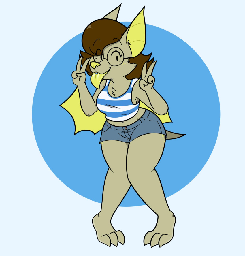 2019 3_toes 4_fingers anthro arm_tuft barefoot bat bat_ears bat_wings biped bottomwear breasts brown_hair cheek_tuft chest_tuft claws clothed clothed_anthro clothed_female clothing colored cutoffs denim denim_bottomwear denim_clothing digital_drawing_(artwork) digital_media_(artwork) digitigrade double_v_sign elbow_tuft eye_through_hair eyebrow_through_hair eyebrows eyelashes eyelashes_through_hair eyewear facial_tuft feet female female_anthro fingers freckles freckles_on_shoulders fur gesture glasses hair hand_gesture hi_res kabula_(artist) mammal megabat melodie_plantain membrane_(anatomy) membranous_wings midriff navel open_mouth pattern_clothing pattern_shirt pattern_tank_top pattern_topwear piercing pigeon_toed prick_ears round_glasses shirt shorts simple_background solo standing striped_clothing striped_shirt striped_tank_top striped_topwear stripes stud_piercing tail tan_body tan_ears tan_fur tan_tuft tank_top toe_claws toes tongue tongue_out tongue_piercing topwear translucent translucent_hair tuft v_sign white_background white_clothing winged_arms wings yellow_freckles yellow_inner_ear yellow_membrane yellow_nose yellow_tongue