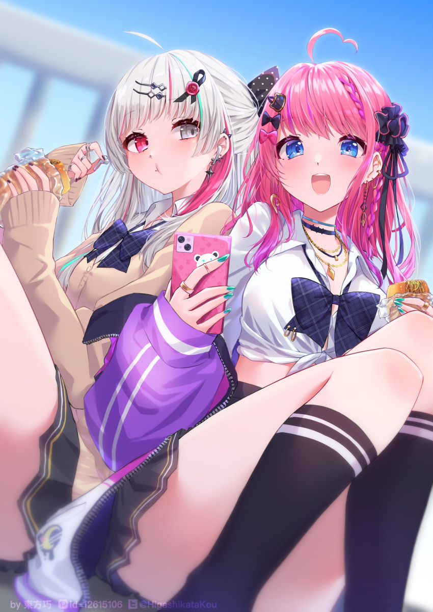 2girls :d absurdres ahoge airpods amesuku_gyaru black_nails black_scrunchie black_skirt black_socks blue_eyes blue_sky bow bowtie braid breasts brown_cardigan cardigan cat_hair_ornament collared_shirt commentary_request convenient_leg dress_shirt ear_bar ear_piercing earbuds earphones earrings eating french_braid gradient_hair green_nails grey_eyes grey_hair gyaru hair_ornament hair_scrunchie hairbow hairclip heart heart_ahoge heterochromia higashikata_kou highres ishigami_nozomi jacket jewelry kneehighs kogal kuramochi_meruto kuramochi_meruto_(school_uniform) long_hair long_sleeves looking_at_viewer looking_back loose_bowtie medium_breasts midriff miniskirt multicolored_hair multiple_girls multiple_necklaces necklace nijisanji off_shoulder official_alternate_hairstyle open_clothes open_jacket open_mouth piercing pink_bow pink_hair plaid plaid_bow plaid_bowtie pleated_skirt polka_dot polka_dot_bow purple_bow purple_bowtie purple_hair purple_jacket railing red_eyes school_uniform scrunchie shirt side_braid sitting skirt sky sleeves_past_wrists smile socks spiked_ear_piercing streaked_hair tied_shirt virtual_youtuber white_shirt wireless_earphones yuri zipper