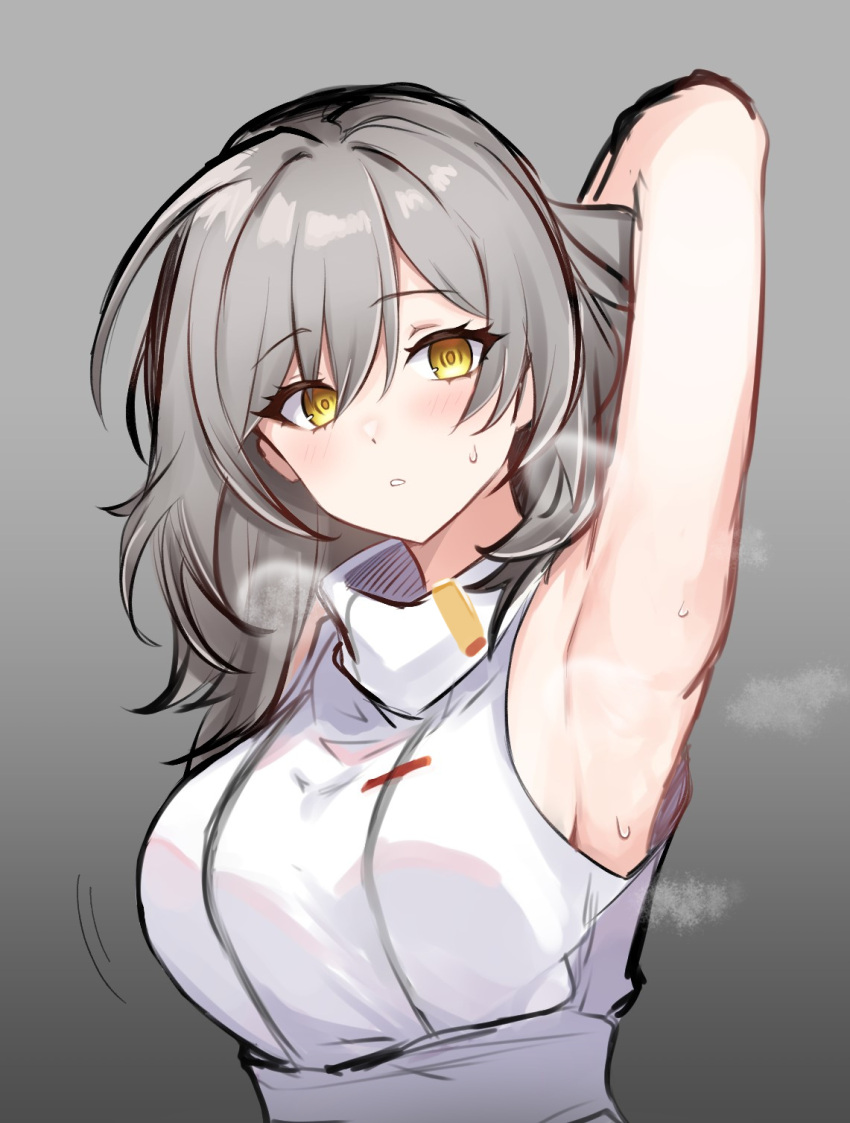 armpits arms_up breasts breath female grey_hair hair_between_eyes highres honkai:_star_rail honkai_(series) large_breasts mini2chainz open_mouth presenting_armpit solo stelle_(honkai:_star_rail) stelle_(world_tour_2023)_(honkai:_star_rail) trailblazer_(honkai:_star_rail) two-tone_eyes yellow_eyes