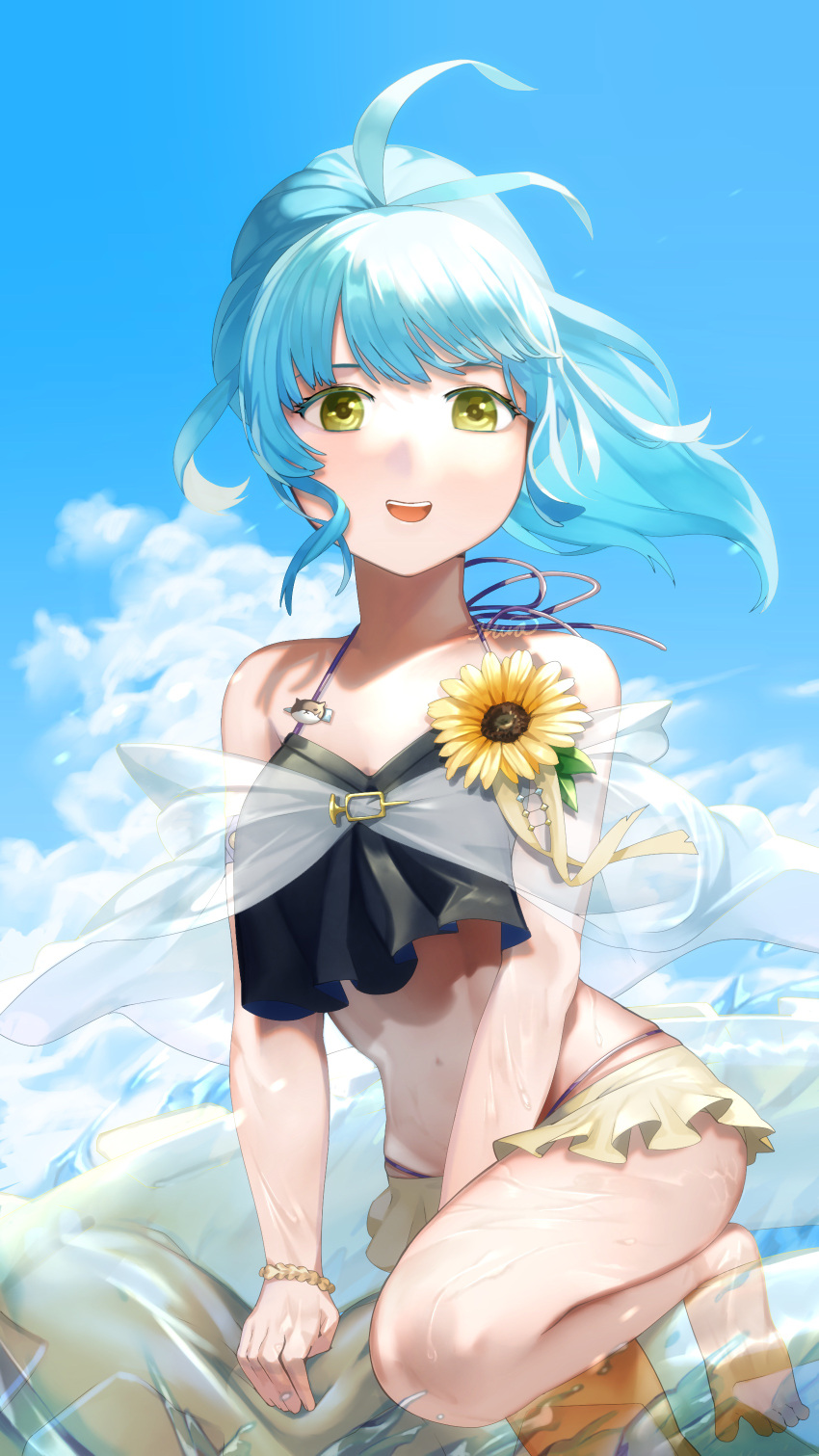 absurdres alternate_costume bare_shoulders bikini black_bikini blue_hair blue_sky cloud commentary_request female fire_emblem fire_emblem_heroes highres ikura_(downdexp) innertube navel open_mouth ponytail reginn_(fire_emblem) sky solo swim_ring swimsuit teeth upper_teeth_only wet yellow_eyes