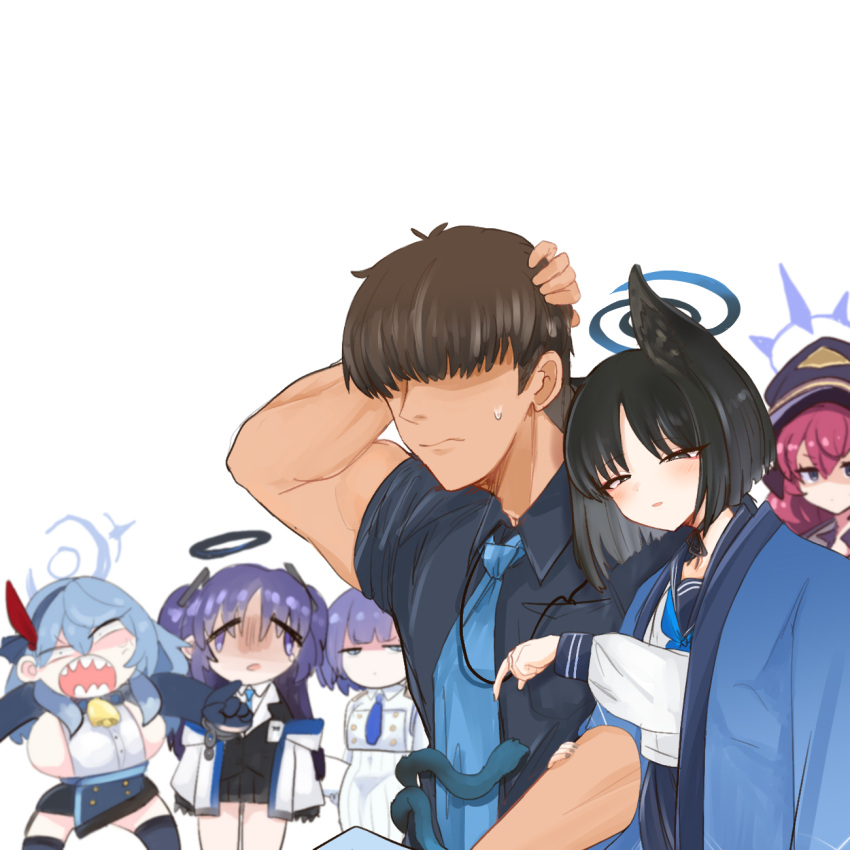 1boy 5girls ako_(blue_archive) angry animal_ears aoi_(blue_archive) black_eyes black_hair black_hairband black_headwear blue_archive blue_hair blue_halo blush breasts cat_ears closed_mouth face_of_the_people_who_sank_all_their_money_into_the_fx_(meme) gloom_(expression) grey_eyes hairband halo hat highres iroha_(blue_archive) jacket jacket_on_shoulders jealous kikyou_(blue_archive) long_hair mechanical_halo meme multiple_girls open_mouth parted_lips peaked_cap purple_eyes purple_hair red_hair scratching_head sensei_(blue_archive) shaded_face sharp_teeth shiming_liangjing short_hair sideboob simple_background teeth two_side_up white_background yuuka_(blue_archive)