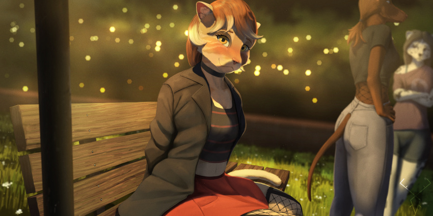 2:1 absurd_res anthro axislewdsrep bench black_hair blurred_background blush bokeh bottomwear brown_body brown_fur brown_hair canid canine canis choker claire_(axislewdsrep) clothed clothing crop_top darcy_(axislewdsrep) denim denim_bottomwear denim_clothing dobermann domestic_cat domestic_dog eyelashes felid feline felis female female/female fishnet_clothing fishnet_legwear fishnet_shirt fishnet_topwear fluffy fluffy_tail fur grass group hair hi_res inner_ear_fluff jacket jeans jewelry legwear long_hair loose_shirt mammal midriff necklace night outside pants park pinscher plant pole sam_(axislewdsrep) shirt sitting skirt small_nose tail tan_body tan_fur thin_tail topwear torn_bottomwear torn_clothing tuft white_body white_fur