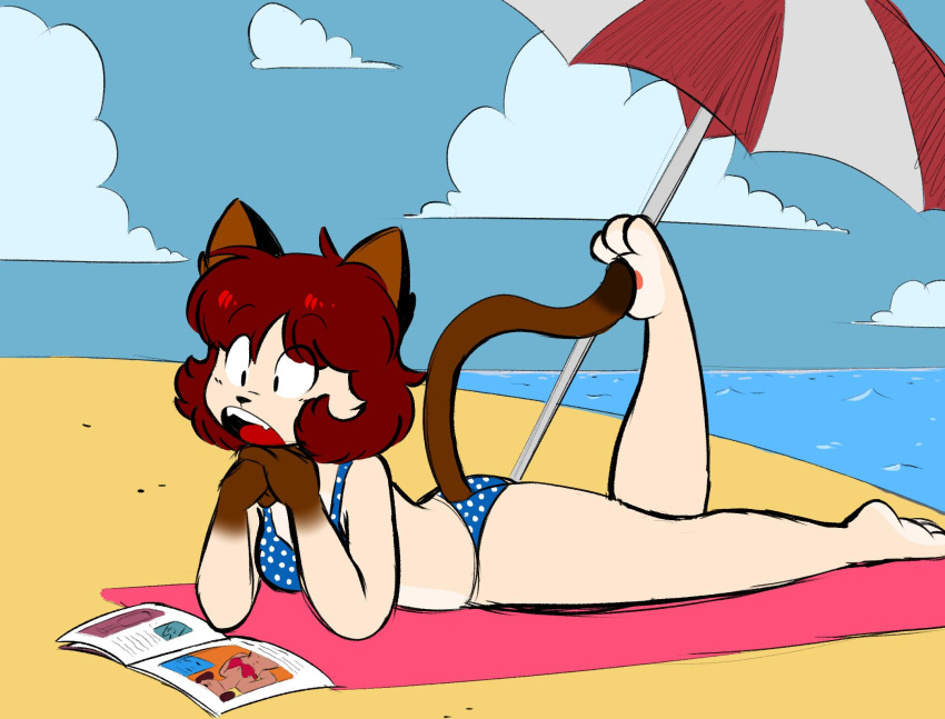 2019 3_toes 4_fingers anthro bangs barefoot beach beach_towel beach_umbrella bikini biped black_ears black_markings blue_bikini blue_bikini_bottom blue_bikini_top blue_clothing blue_sky blue_swimwear bottomwear breasts brown_inner_ear brown_markings brown_tail cat_tail cheek_tuft clothed clothing cloud colored countershade_feet countershade_torso countershading detailed_background digital_drawing_(artwork) digital_media_(artwork) dipstick_tail domestic_cat eye_through_hair eyebrow_through_hair eyebrows eyelashes eyelashes_through_hair facial_tuft fangs feet felid feline felis female fingers fur furgonomic_bottomwear furgonomics gloves_(marking) hair hi_res kabula_(artist) lying lying_on_ground magazine mammal markings on_front on_ground on_towel outside parasol pawpads paws polka_dot_bikini polka_dots prick_ears priscilla_(kabula) raised_foot red_hair red_tongue red_towel sand sea seaside sky solo swimwear tail tail_markings tan_body tan_fur tan_tuft teeth toes tongue topwear towel translucent translucent_hair tuft water