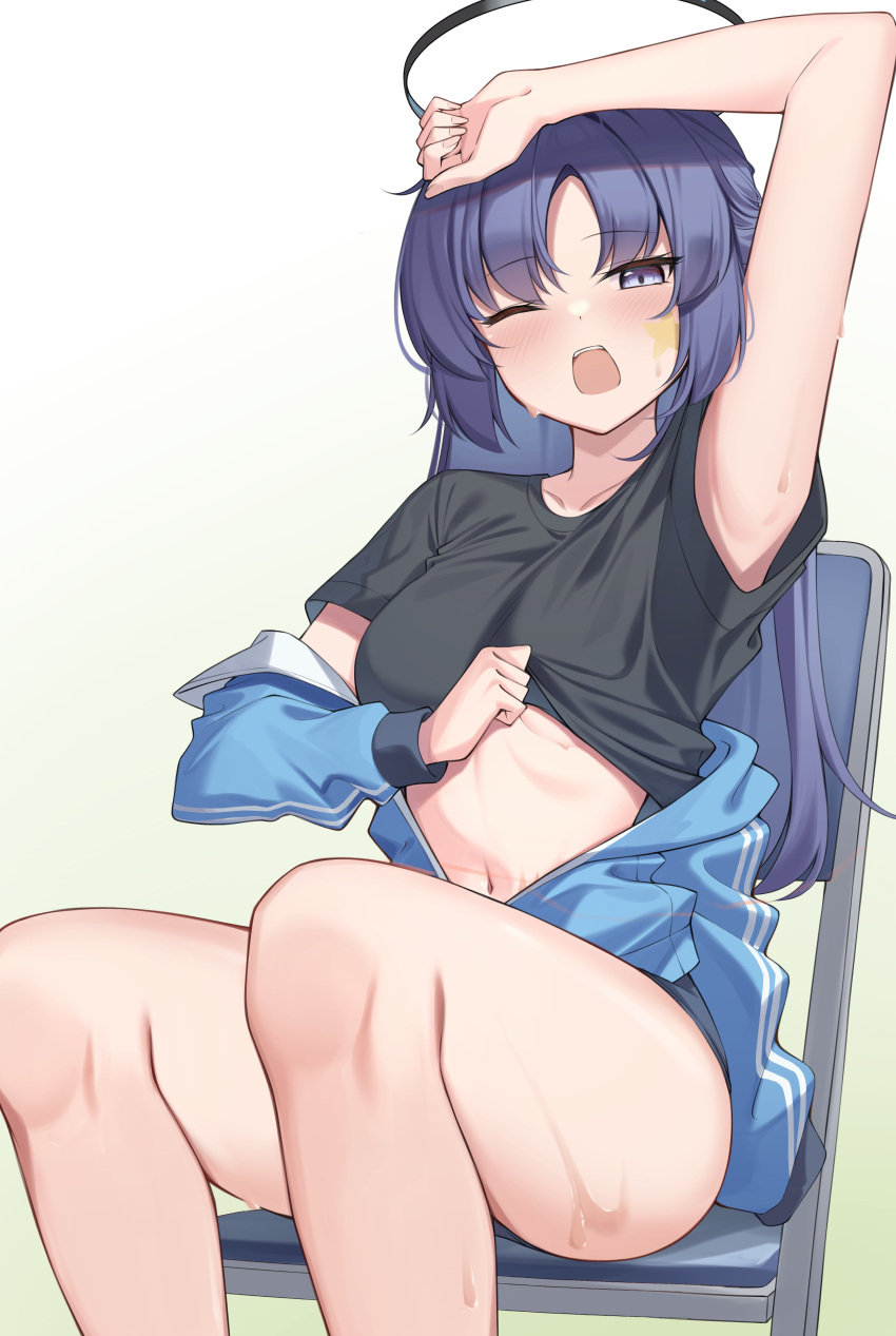 absurdres armpits ass black_shirt blue_archive blue_jacket blush breasts commentary facial_mark feet_out_of_frame female halo highres jacket korean_commentary long_hair long_sleeves looking_at_viewer mechanical_halo medium_breasts navel official_alternate_costume one_eye_closed open_mouth ponytail purple_eyes purple_hair shirt short_sleeves sitting solo star_(symbol) track_jacket yuuka_(blue_archive) yuuka_(track)_(blue_archive) ziro_(zirorong)