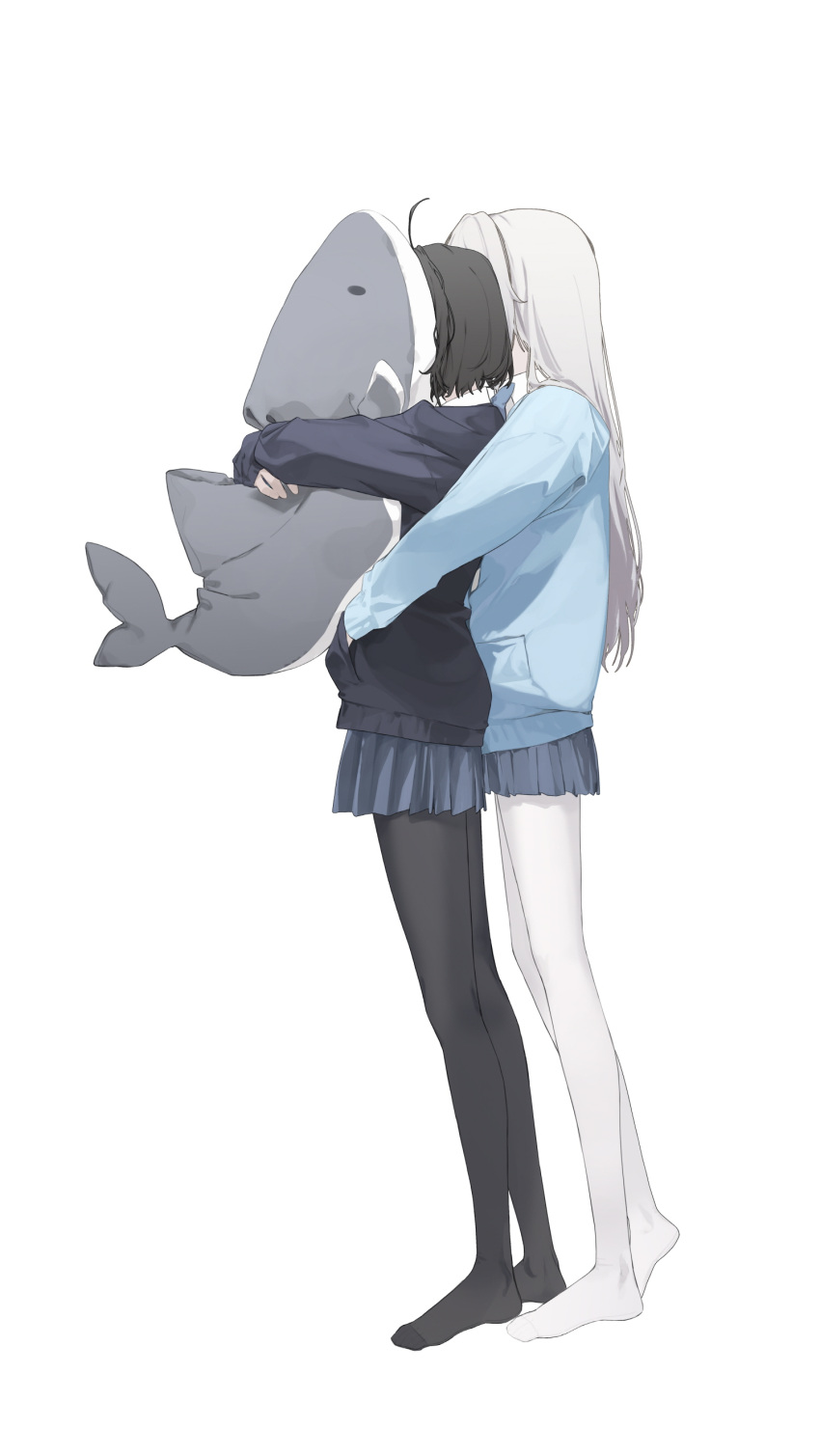 2girls absurdres ahoge black_hair black_jacket black_pantyhose blue_hoodie blue_skirt character_request copyright_request from_side full_body grey_hair highres hood hoodie hug hug_from_behind hugging_object jacket long_hair long_sleeves multiple_girls no_shoes pantyhose pleated_skirt short_hair simple_background skirt soya_(torga) stuffed_animal stuffed_shark stuffed_toy white_background white_pantyhose