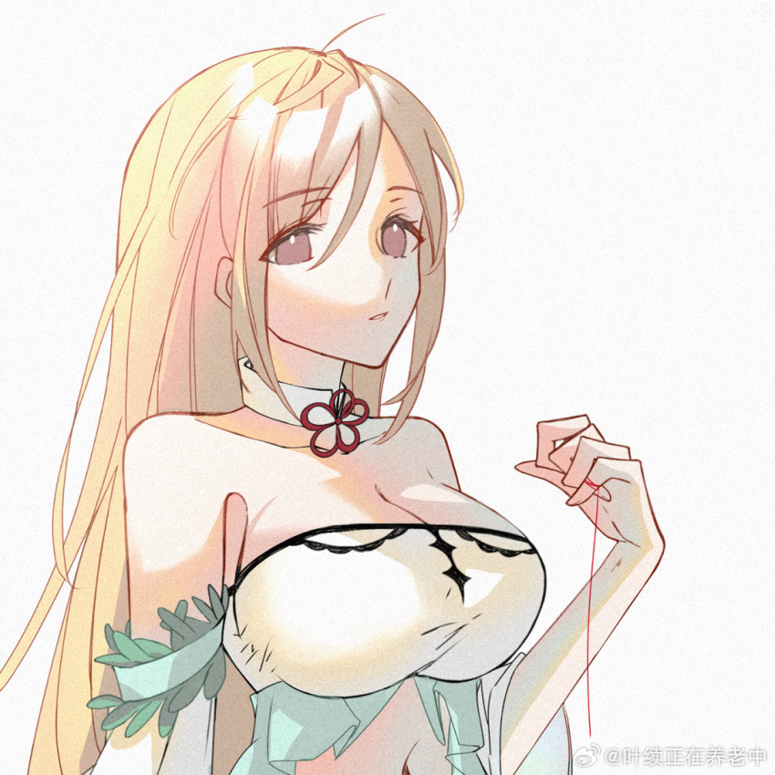 armband bai_chenxiang_(douluo_dalu) bare_shoulders blonde_hair breasts collarbone detached_collar douluo_dalu dress female frilled_armband frills grey_eyes large_breasts long_hair navel parted_lips solo string string_of_fate upper_body white_background white_dress ye_xu_zhengzai_yanglao_zhong