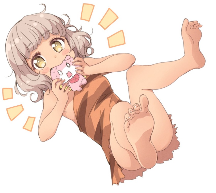 animal_print ass bare_legs bare_shoulders barefoot blush breasts brown_hair commentary_request curly_hair dress eating feet female foot_focus full_body looking_at_viewer mouth_hold nervous_sweating notice_lines oerba_yun_fang open_mouth orange_dress pretty_series pripara scared short_hair simple_background small_breasts soles solo stuffed_animal stuffed_rabbit stuffed_toy sweat taiyo_pepper tiger_print toes tokunou_shoutarou usacha white_background yellow_eyes