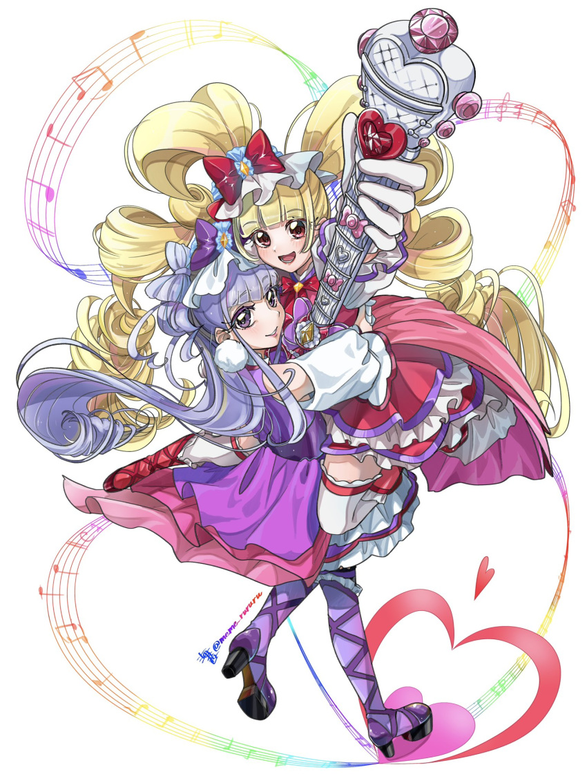 2girls :d aisaki_emiru blonde_hair blush boots bow commentary_request cure_amour cure_macherie dress earrings eyelashes gloves hair_ornament hairbow happy high_heel_boots high_heels highres hugtto!_precure jewelry long_hair looking_at_viewer magical_girl meme_rururu multiple_girls musical_note open_mouth pink_dress pink_eyes pom_pom_(clothes) pom_pom_earrings precure purple_eyes purple_hair ribbon ruru_amour simple_background smile standing thighhighs thighs twintails white_background