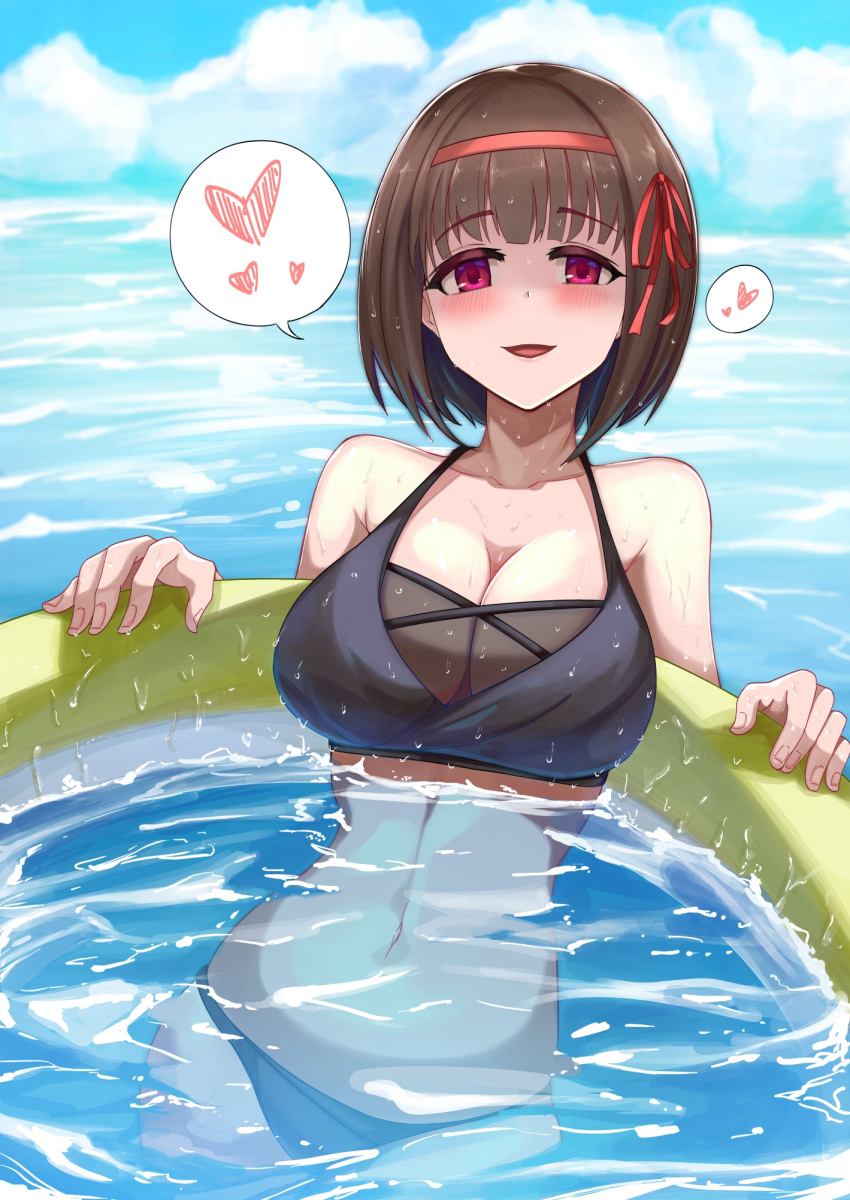 bikini black_bikini blue_sky breasts brown_hair cloud collarbone commentary_request day eriko_(princess_connect!) eriko_(real)_(princess_connect!) female hair_ribbon hairband heart highres innertube large_breasts looking_at_viewer midriff mononoke_(pixiv53597254) navel ocean outdoors princess_connect! red_eyes red_hairband red_ribbon ribbon see-through shaded_face short_hair sitting sky solo speech_bubble spoken_heart swim_ring swimsuit wariza