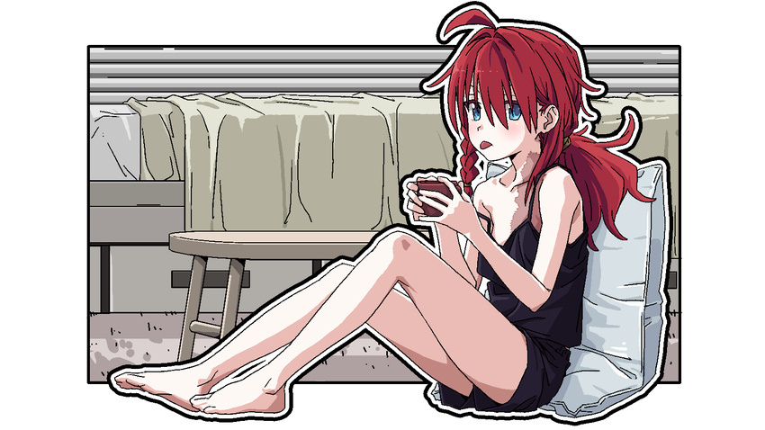 ahoge barefoot bed black_camisole black_shirt blue_eyes braid burn_scar camisole cup female highres holding holding_cup kazuuchi_ataru knees_up legs looking_at_viewer low_ponytail on_floor outline outside_border red_hair scar scar_on_chest shinsougumi shirt single_braid sitting sitting_on_pillow solo spaghetti_strap strap_slip table tamaya tongue tongue_out virtual_youtuber white_outline