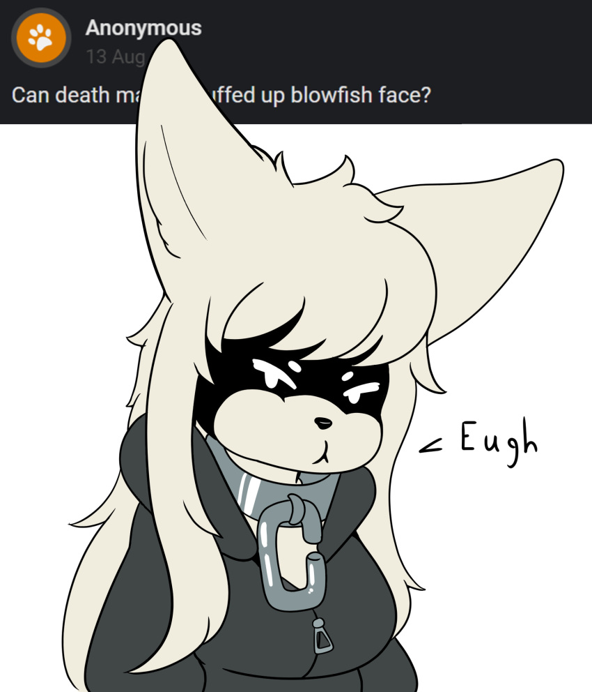 2023 anthro ask_blog big_ears black_clothing breasts canid canine chains clothed clothing collar conditional_dnp death_(whitev) dialogue female fur hair hi_res hoodie inner_ear_fluff looking_at_viewer mammal metal_collar puffed_cheeks shadowed_eyes solo text topwear tuft white_body white_fur whitev