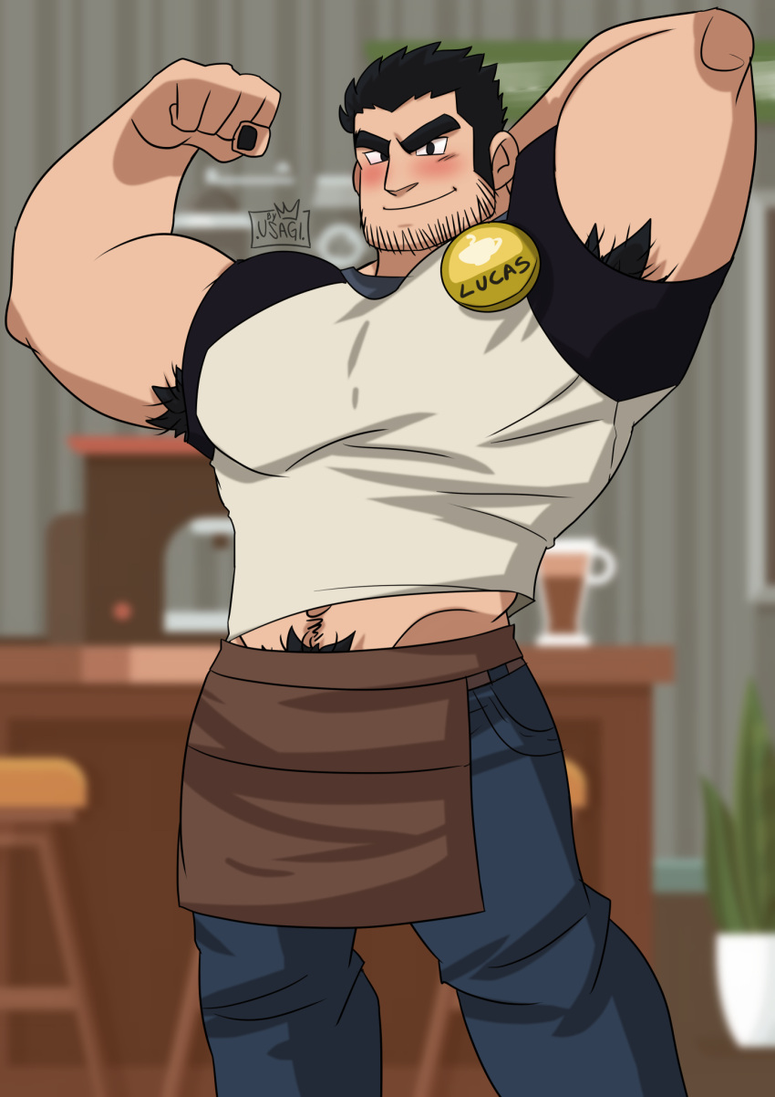 1boy apron armpit_hair armpit_hair_peek bara barista beard_stubble biceps black_hair black_nails blush denim el_principe_conejo excessive_armpit_hair facial_hair feet_out_of_frame flexing highres huge_eyebrows indoors jeans large_pectorals looking_at_viewer lucas_lee male_focus male_pubic_hair midriff_peek muscular muscular_male pants pectorals pubic_hair pubic_hair_peek scott_pilgrim_(series) scott_pilgrim_takes_off shirt short_hair short_sleeves smile solo sparse_navel_hair standing stubble t-shirt tight_clothes tight_shirt v-shaped_eyebrows waist_apron