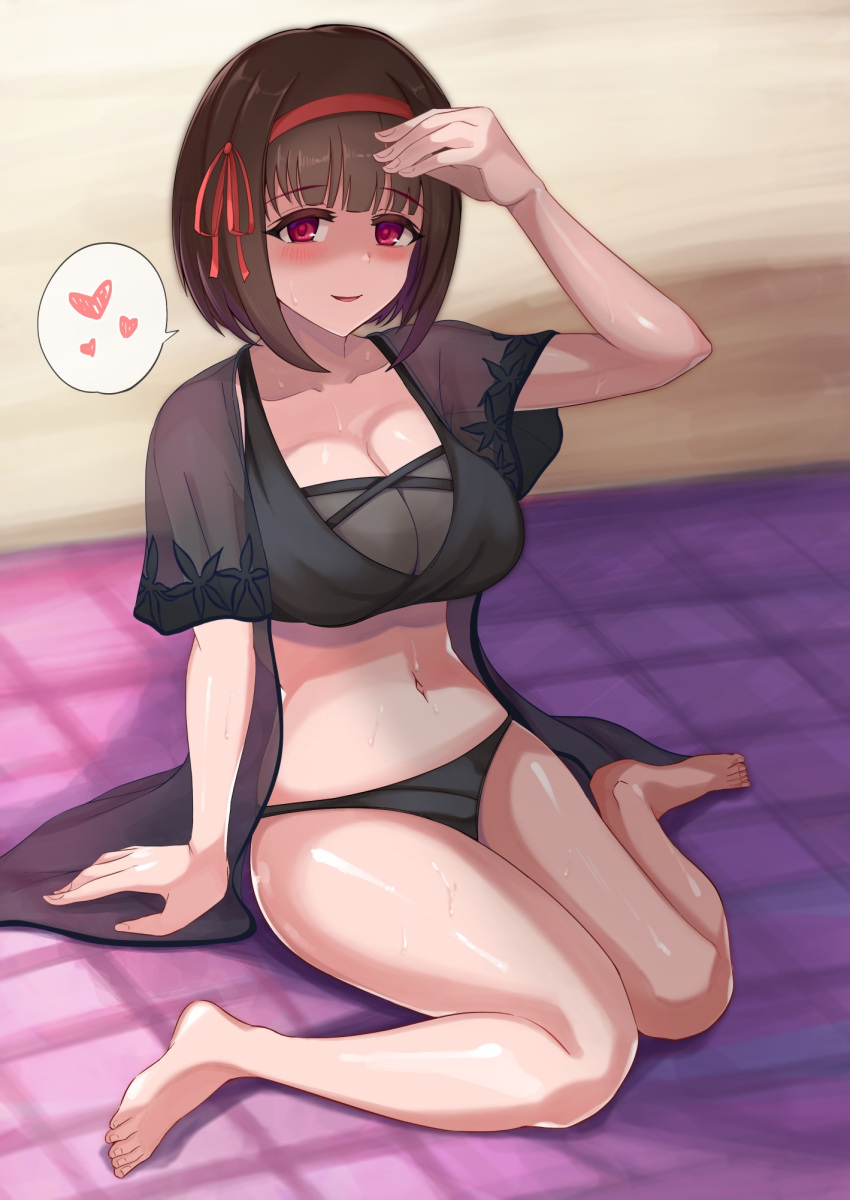 barefoot beach beach_towel bikini black_bikini breasts brown_hair collarbone commentary_request eriko_(princess_connect!) eriko_(real)_(princess_connect!) female hair_ribbon hairband heart highres large_breasts looking_at_viewer midriff mononoke_(pixiv53597254) navel princess_connect! red_eyes red_hairband red_ribbon ribbon see-through shaded_face short_hair sitting solo speech_bubble spoken_heart swimsuit towel wariza