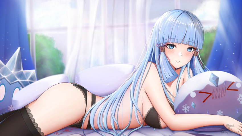 >_< akayuki471 alternate_hairstyle artist_name black_bra black_panties black_thighhighs blue_eyes blue_hair blunt_bangs blurry blush bra breasts curtains depth_of_field female genshin_impact hair_down hair_ribbon highres indoors kamisato_ayaka light_blue_hair lingerie long_hair looking_at_viewer lying medium_breasts mole mole_under_eye on_stomach panties parted_lips ribbon sidelocks slime_(genshin_impact) smile solo thighhighs tress_ribbon underwear underwear_only watermark