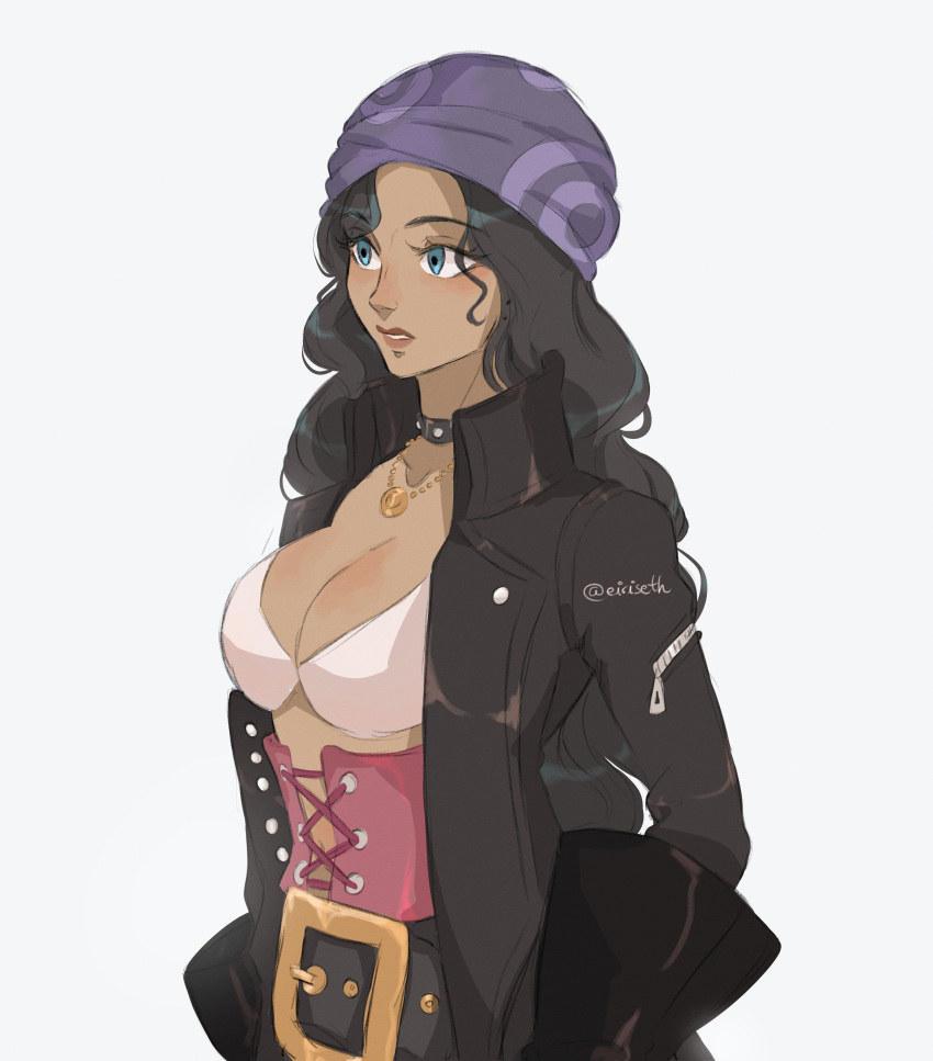 bandana belt black_gloves black_hair blue_eyes bra breasts choker cleavage coat commentary corset dark-skinned_female dark_skin eiriseth english_commentary eyelashes female from_side gloves highres jewelry long_hair looking_to_the_side necklace nico_robin one_piece one_piece_film:_red pink_corset purple_bandana simple_background solo underwear upper_body white_background