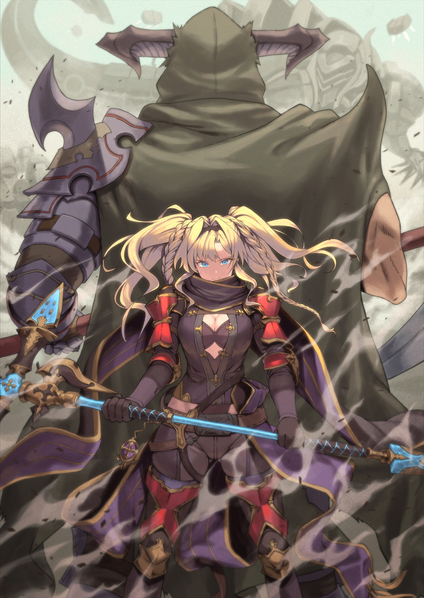 1boy armor back-to-back black_scarf blonde_hair blue_eyes breasts cleavage draph duplicate female granblue_fantasy highres holding holding_polearm holding_weapon long_hair looking_at_viewer pauldrons pixel-perfect_duplicate polearm scarf shoulder_armor spear tekkai_blade twintails vaseraga weapon zeta_(granblue_fantasy)