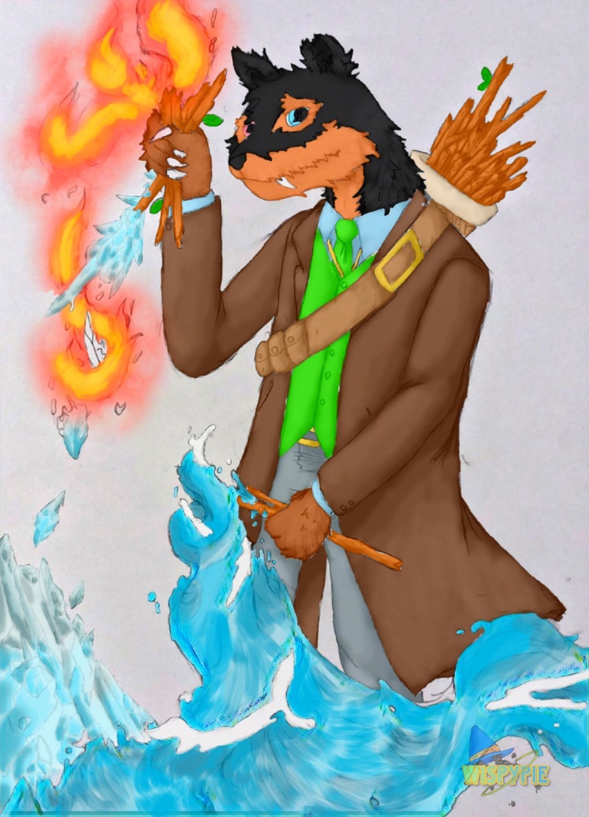 absurd_res anthro black_body black_fur blue_eyes bottomwear brown_body brown_fur canid canine clothing coat elemental_manipulation fangs fire fire_manipulation fur heterochromia hi_res ice ice_manipulation looking_at_viewer magic magic_user male mammal multicolored_body multicolored_fur mythological_canine mythological_creature mythology necktie notched_ear orange_body orange_fur pants pink_eyes simple_background solo stick teeth topwear vampire vest warren_crawford water water_manipulation were werecanid werecanine werewolf wispypie