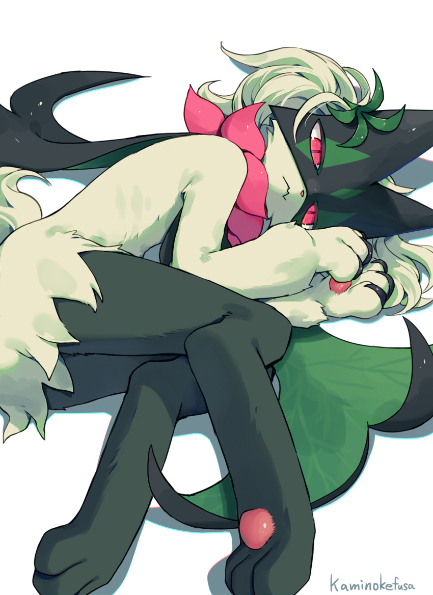 artist_name furry highres kaminokefusa looking_at_viewer lying mask meowscarada on_side pink_eyes pokemon pokemon_(creature) shadow simple_background solo white_background