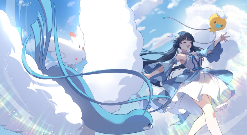 altaria armpits bare_legs blush breasts closed_eyes crossover detached_sleeves dress drifloon feet_out_of_frame female flying green_hair highres idolmaster idolmaster_million_live! idolmaster_million_live!_theater_days kitakami_reika long_hair medium_breasts nys outdoors pokemon pokemon_(creature) sleeveless sleeveless_dress smile solo togekiss twintails two-tone_dress very_long_hair