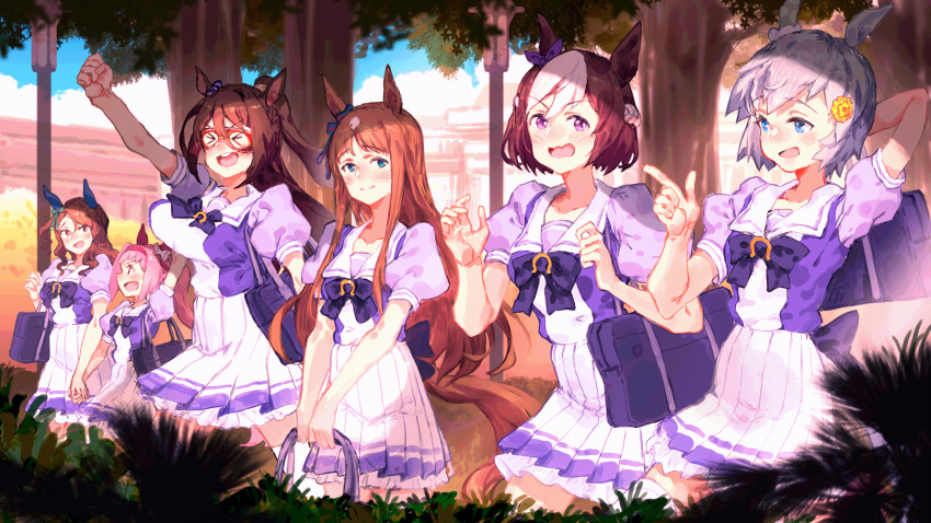 6+girls animal_ears back_bow bag blue_eyes blush bow braid breasts bush closed_mouth codename47 commentary_request cowboy_shot domino_mask ear_bow ear_covers ear_ornament el_condor_pasa_(umamusume) french_braid golden_generation_(umamusume) grass_wonder_(umamusume) grey_hair hair_between_eyes hair_ornament hairband hairclip haru_urara_(umamusume) highres holding_hands horse_ears horse_girl horse_tail king_halo_(umamusume) long_hair mask medium_breasts multicolored_hair multiple_girls open_mouth outdoors petticoat pink_hair pleated_skirt ponytail purple_bow purple_eyes purple_shirt red_hairband sailor_collar school_bag school_uniform seiun_sky_(umamusume) shirt short_hair single_ear_cover skirt smile special_week_(umamusume) streaked_hair summer_uniform tail thighhighs tracen_school_uniform tree umamusume white_hair white_thighhighs