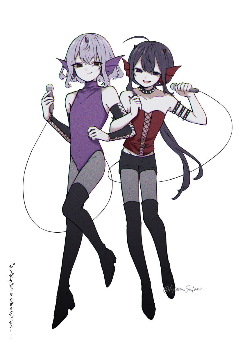 2boys :d absurdres animal_ears arieru_satan armlet bare_shoulders black_footwear black_hair black_shorts boots bulge cable closed_mouth collar cosplay crossed_bangs detached_sleeves floating full_body grey_hair grey_pantyhose hands_up head_wings highres holding holding_microphone honebami_toushirou horns leotard locked_arms long_hair looking_at_viewer male_focus microphone midriff mimi_(mermaid_melody_pichi_pichi_pitch) mimi_(mermaid_melody_pichi_pichi_pitch)_(cosplay) multiple_boys namazuo_toushirou oerba_yun_fang open_mouth otoko_no_ko pantyhose pantyhose_under_shorts ponytail purple_eyes purple_leotard red_eyes sheshe sheshe_(cosplay) short_hair shorts simple_background single_horn skin_fang sleeveless_turtleneck_leotard small_horns smile smirk spiked_armlet spiked_collar spikes strapless thigh_boots touken_ranbu twitter_username very_long_hair white_background wings