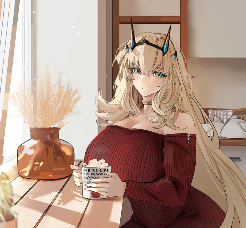 absurdres bare_shoulders barghest_(fate) barghest_(like_a_lady)_(fate) blonde_hair blush breasts cleavage collarbone commission cup english_commentary fate/grand_order fate_(series) female food green_eyes highres hot_chocolate huge_breasts jewelry long_hair long_sleeves looking_at_viewer marshmallow mug neck_ring obazzotto off-shoulder_sweater off_shoulder official_alternate_costume red_sweater ribbed_sweater smile solo sweater very_long_hair