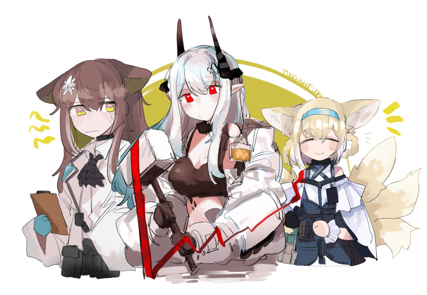 3girls absurdres animal_ears arknights ascot blush cat_ears cat_girl closed_eyes closed_mouth crop_top demon_girl demon_horns folinic_(arknights) fox_ears fox_girl fox_tail gloves hairband highres holding holding_weapon horns infection_monitor_(arknights) long_hair material_growth mudrock_(arknights) mudrock_(elite_ii)_(arknights) multiple_girls multiple_tails odmised off_shoulder oripathy_lesion_(arknights) pointy_ears red_eyes smile suzuran_(arknights) sweatdrop tail war_hammer weapon yellow_eyes