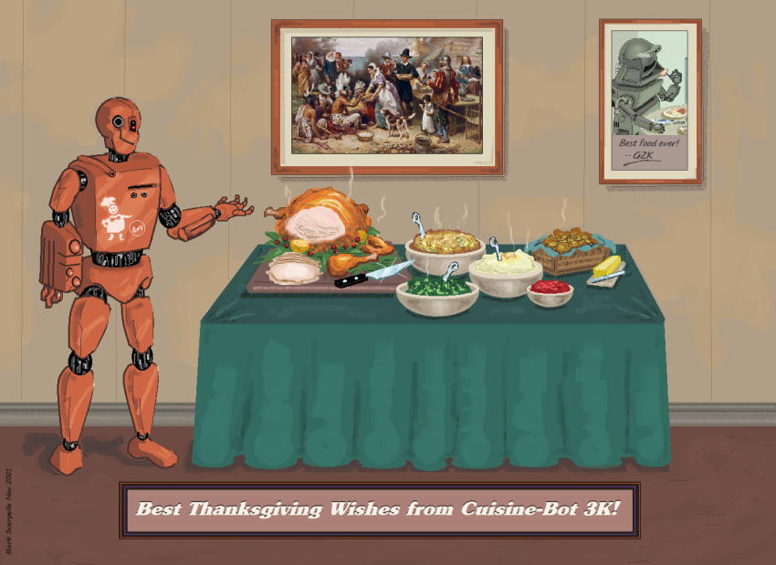 2021 aliasing ambiguous_gender cranberry_sauce ctdsnark digital_media_(artwork) english_text feast floor food framed_picture furniture holidays humanoid knife machine mashed_potatoes meat portrait_(object) robot robot_humanoid solo standing table text thanksgiving turkey_meat