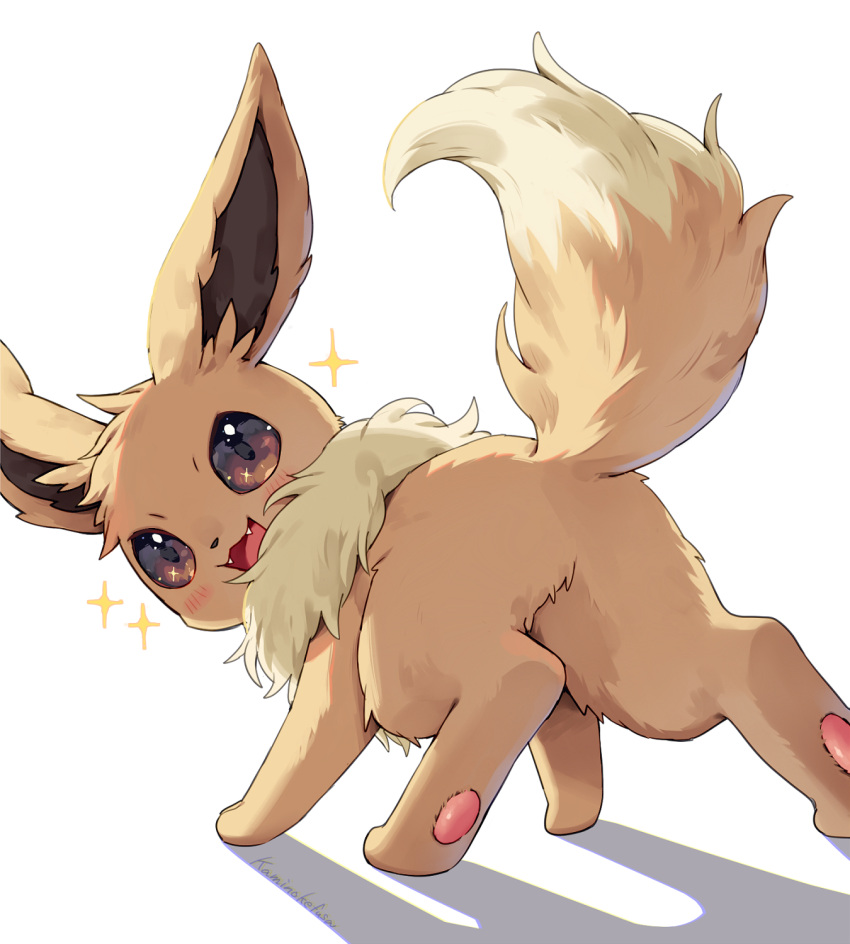 brown_eyes eevee highres kaminokefusa looking_at_viewer no_humans open_mouth pokemon pokemon_(creature) shadow simple_background solo sparkle tail white_background