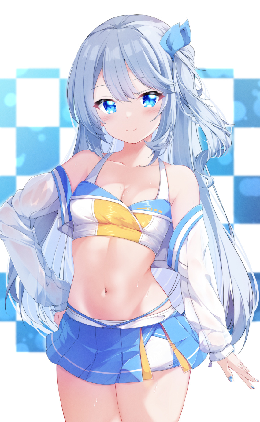 blue_eyes blue_nails blue_ribbon blue_skirt blush breasts checkered_background cleavage closed_mouth collarbone commentary_request commission cowboy_shot cropped_jacket female fuuna grey_hair hair_between_eyes hair_ribbon hand_on_own_hip highres jacket long_hair long_sleeves looking_at_viewer medium_breasts nail_polish navel off_shoulder one_side_up open_clothes open_jacket original partial_commentary pleated_skirt puffy_long_sleeves puffy_sleeves race_queen ribbon see-through skeb_commission skirt sleeves_past_wrists smile solo standing very_long_hair white_background white_jacket