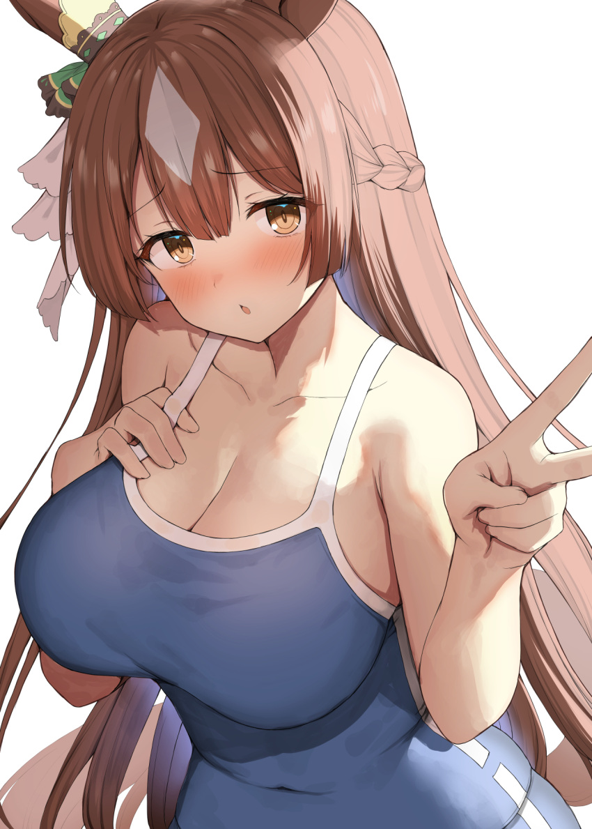 animal_ears b-ginga blue_one-piece_swimsuit blush braid breasts brown_eyes brown_hair cleavage collarbone commentary competition_school_swimsuit covered_navel ear_ornament ear_ribbon female hair_between_eyes half_up_braid hand_on_own_chest hands_up highres horse_ears horse_girl large_breasts long_hair looking_at_viewer multicolored_hair one-piece_swimsuit open_mouth satono_diamond_(umamusume) school_swimsuit solo streaked_hair swimsuit tracen_swimsuit umamusume upper_body v white_background